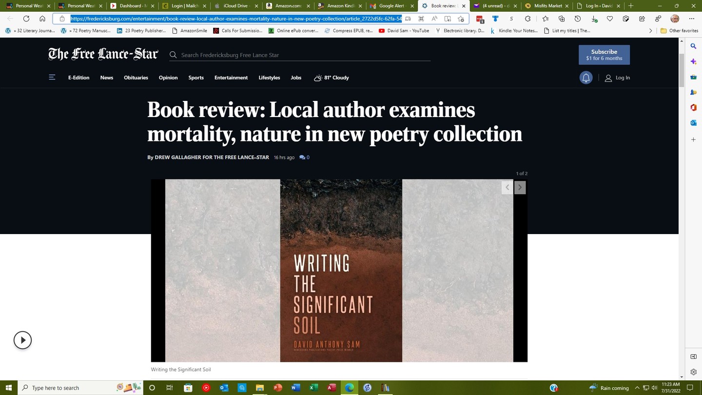 You can read the review of my new book by Drew Gallagher, critic for the Fredericksburg Free Lance Star, at this link: https://tinyurl.com/bdewcxj4