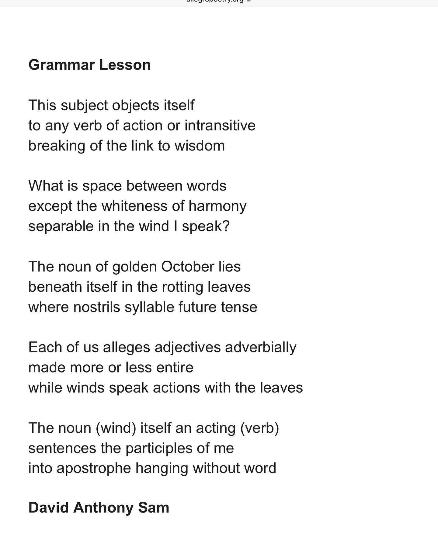 Allegro previously published my poem “Grammar Lesson” https://www.allegropoetry.org/p/issue-13-june-2017.html