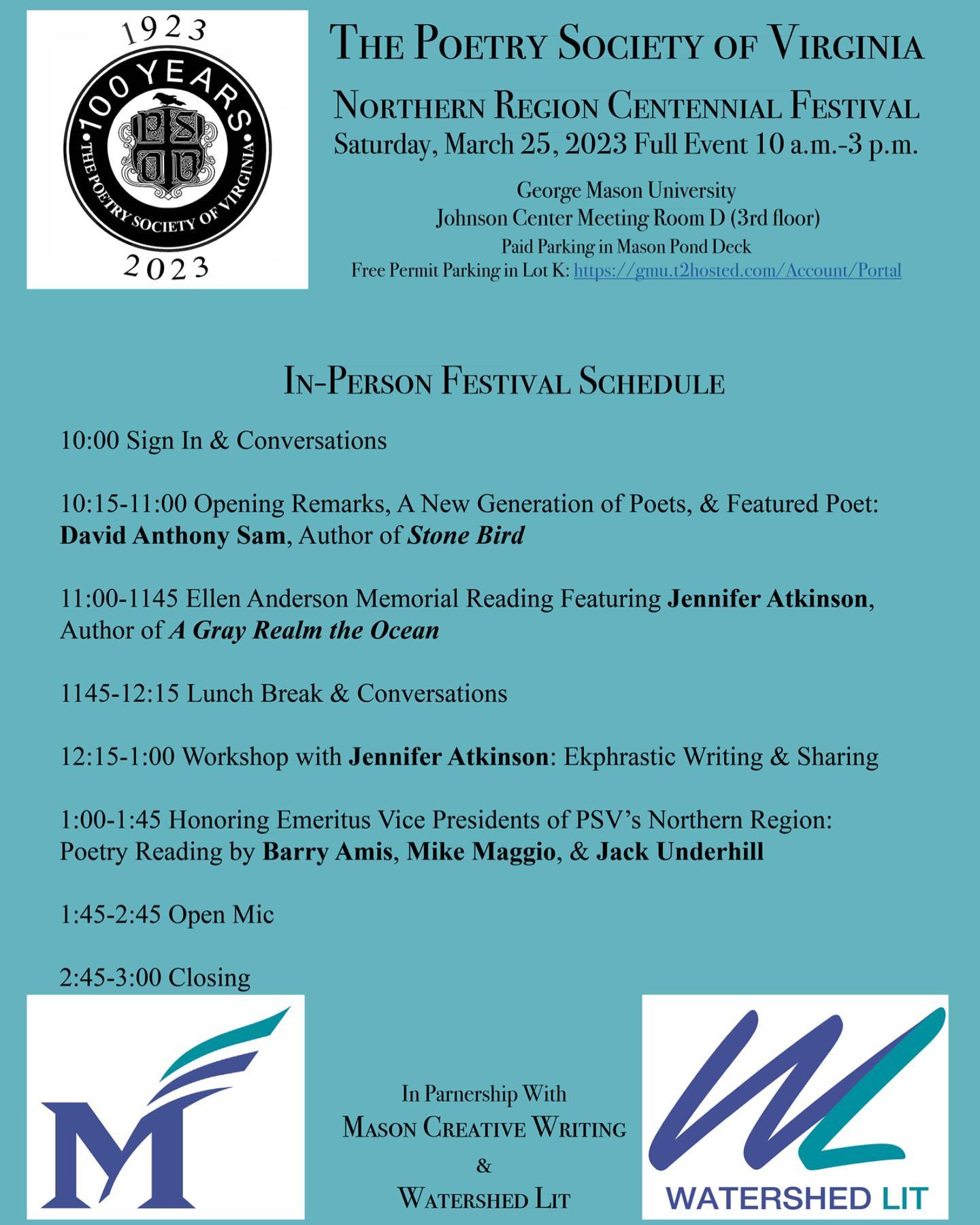 Details on this Saturday’s Poetry  Society of Virginia Northern Region Festival where I will be featured poet reading my work