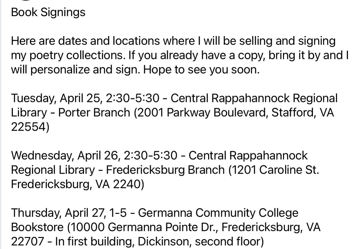 Book signings for the week of April 24 to 28