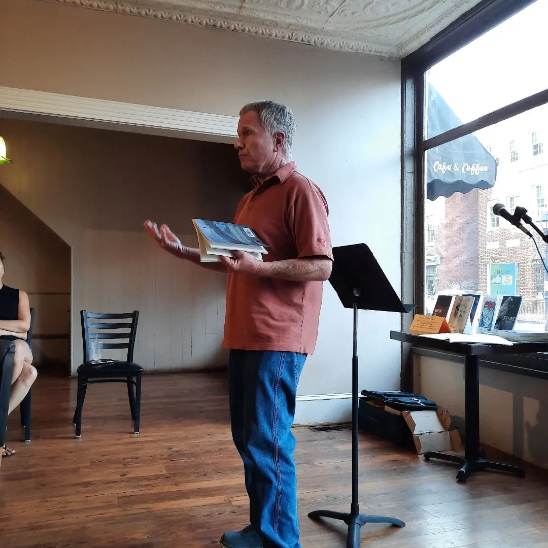 Steve Bucher reading his poetry at Deja Brew in Warrenton VA at first monthly poetry night cosponsored by Poetry Society of Virginia North Central region