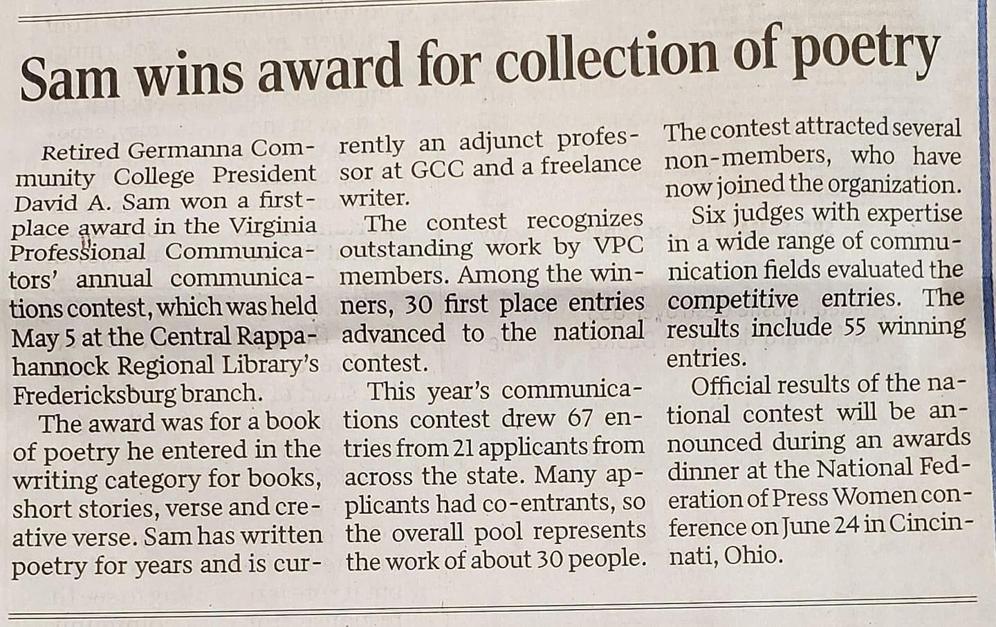 Coverage by the Fredericksburg Free Lance Star of award for Writing the Significant Soil