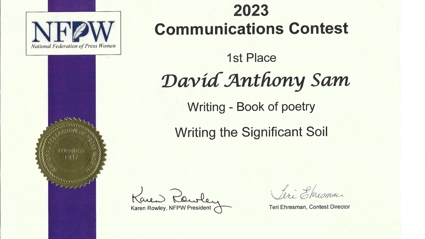 Received my certificate from the NFPW contest with these comments:"What a fine piece of work. It's brimming with unexpected words and phrases used with precision and elegance."The poet skillfully guides the reader to hear, smell, taste, and touch every detail. Each poem is the perfect length and structure for what it wants to convey."I practically gasped at some of the images in their rawness or unexpected appearance. I especially like the poems with Civil War themes--so subtle and evocative."