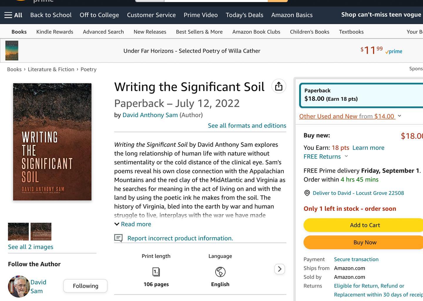 Only 1 copy of my book Writing the Significant Soil left Amazon