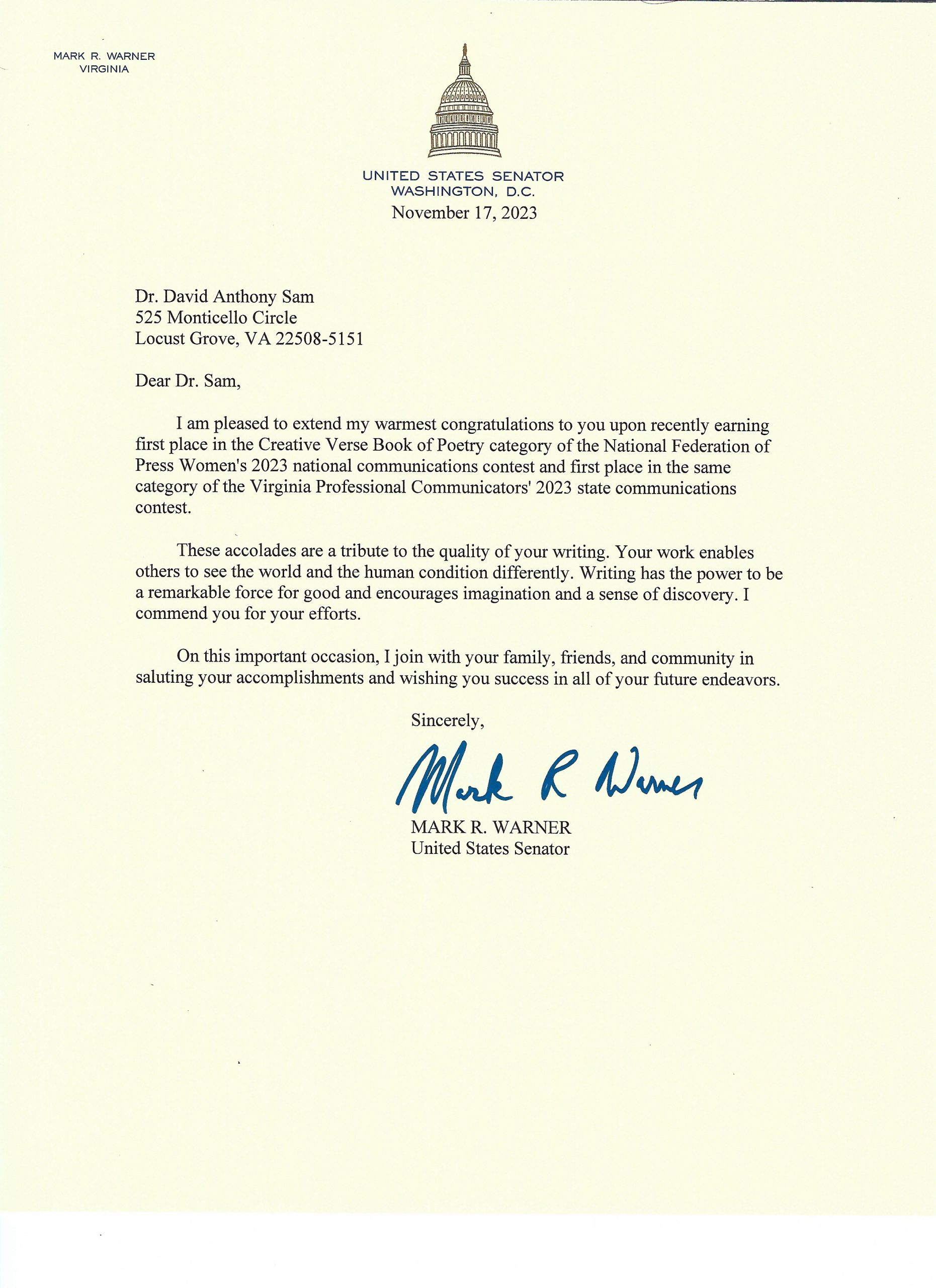 Thank you Sen. Mark Warner for this gracious letter. – David Anthony Sam